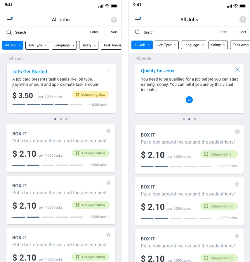 Two first-run screens: a coach mark naming the parts of a job card, and a second explaining that jobs must be qualified for before they pay