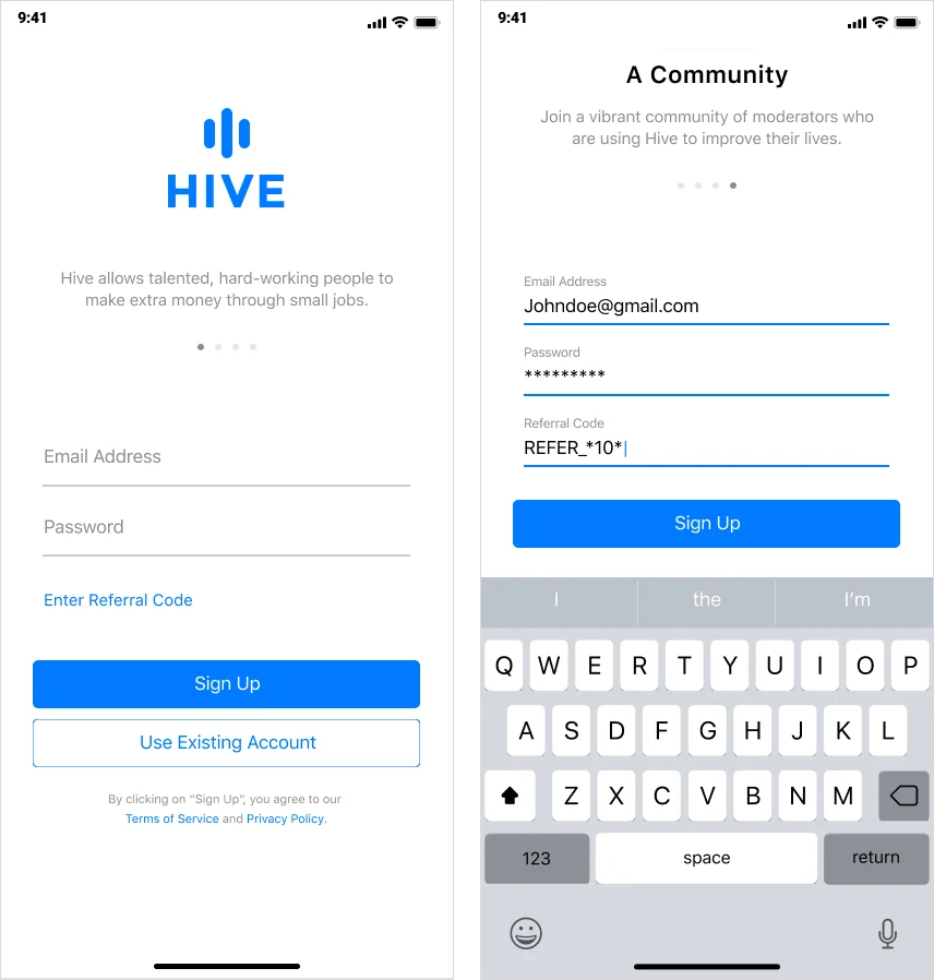 Two screens: sign-up with email, password, an age check and a referral link, and the referral code being typed under a short description of the community being joined
