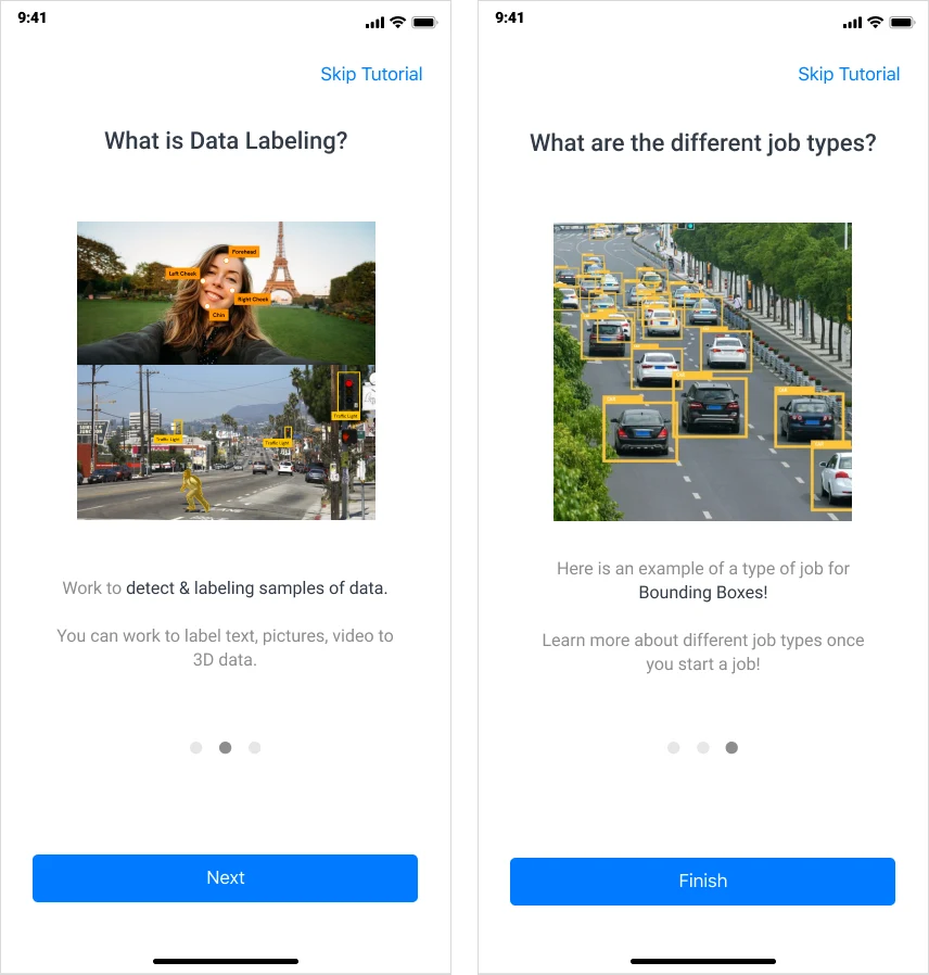 Two onboarding cards: What is Data Labeling, defining it in a sentence, and What are the different job types, showing a bounding box drawn on a photograph of a car