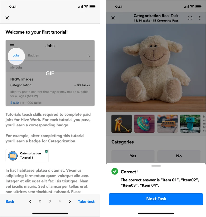 Two tutorial screens: the tutorial briefing with its badge and page control, and a categorization task answered correctly with the correct answer named in a sheet