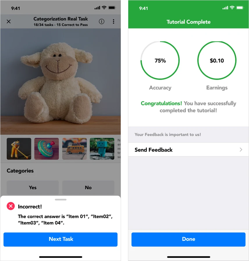 Two tutorial screens: an incorrect answer showing the correct one, and the tutorial complete screen with accuracy and the earnings it unlocks