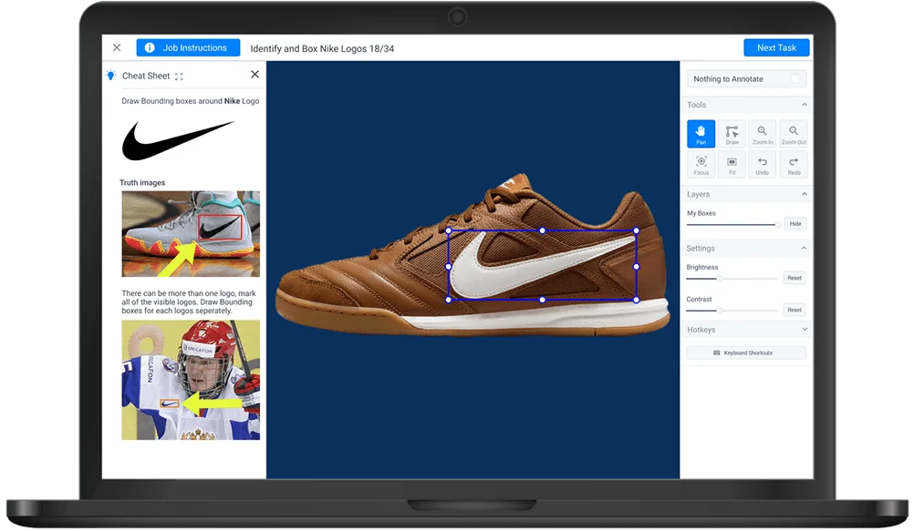 The desktop bounding-box annotation screen: instructions and submit in the header, a cheat sheet panel to the left, the annotation canvas centre, and a dense tool cluster to the right