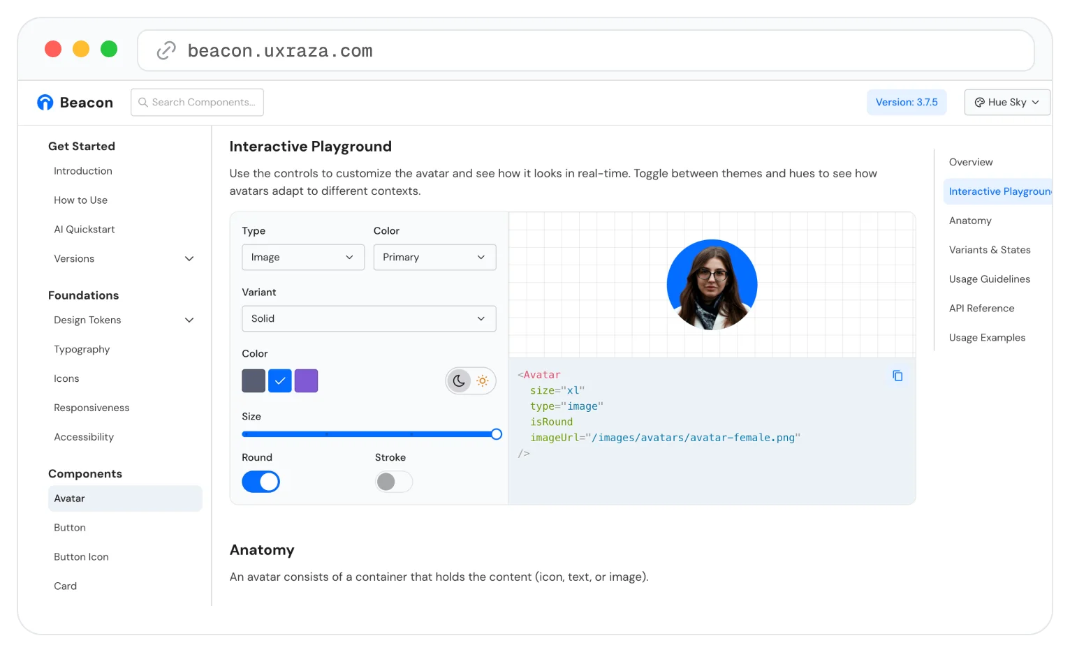 The Beacon documentation site at beacon.uxraza.com: sidebar navigation through Get Started, Foundations and Components, with the Avatar page open on its interactive playground — prop controls on the left, a live preview, and the matching JSX generated beside it.