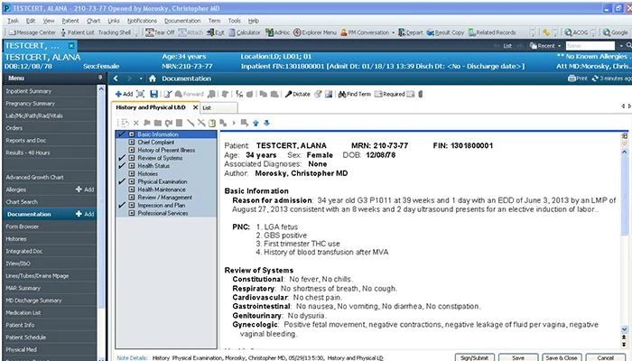 Inpatient documentation: a history and physical note split across a module tree, a section checklist, and a dense pane of typed review-of-systems text