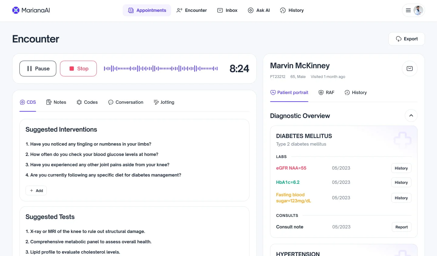 CARE's encounter screen: a running ambient recording with its waveform and timer, AI-suggested interventions and tests down the left, and the patient's diagnostic overview with flagged labs on the right