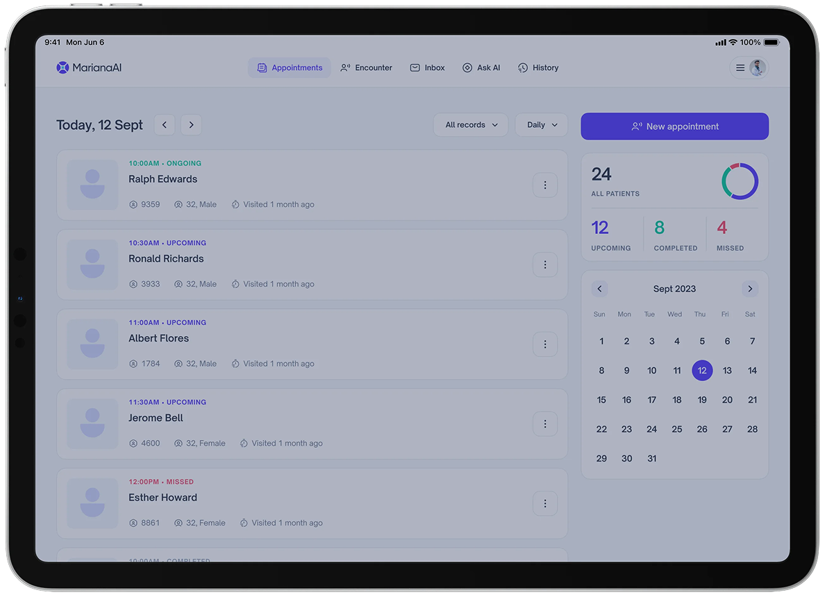CARE platform appointments interface showing patient list and calendar
